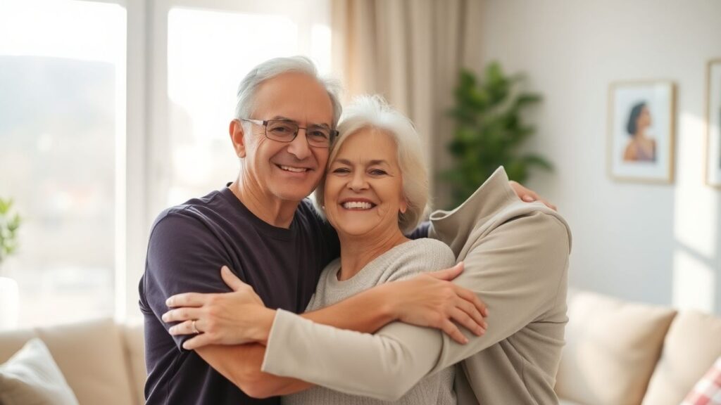 Couple embracing, rekindling passion after 50.