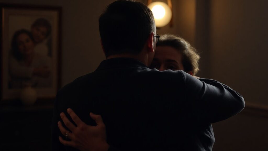 Couple embracing tenderly after an intense scene.