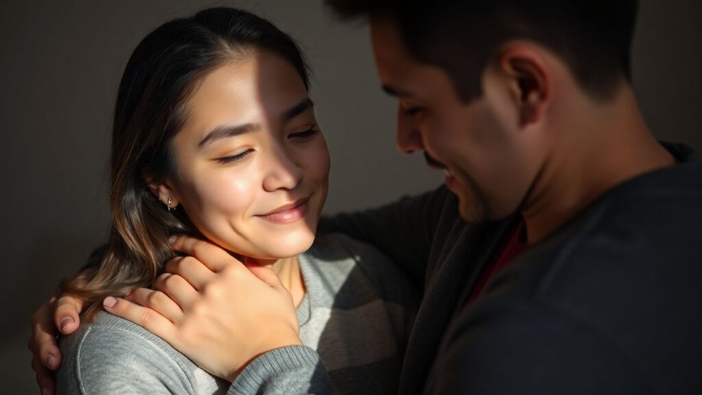 Couple embracing tenderly after an intense scene.