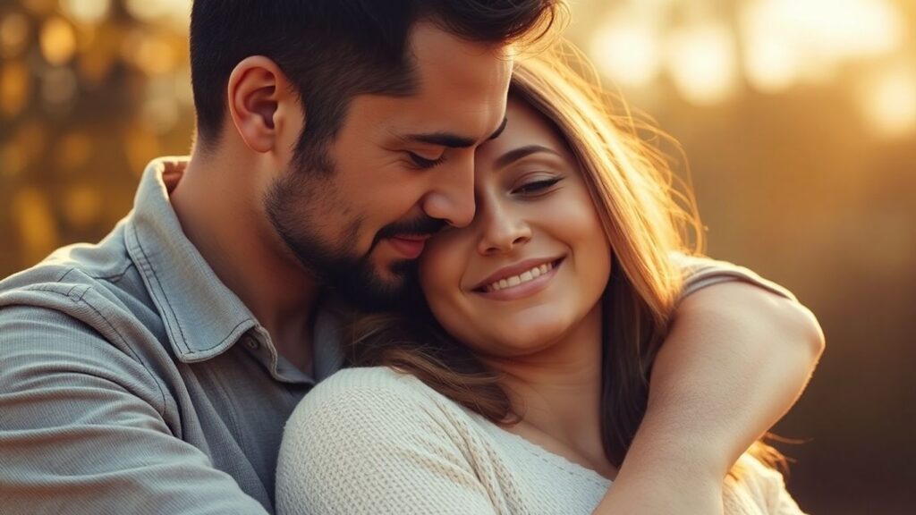 Couple embracing warmly, conveying trust and affection.