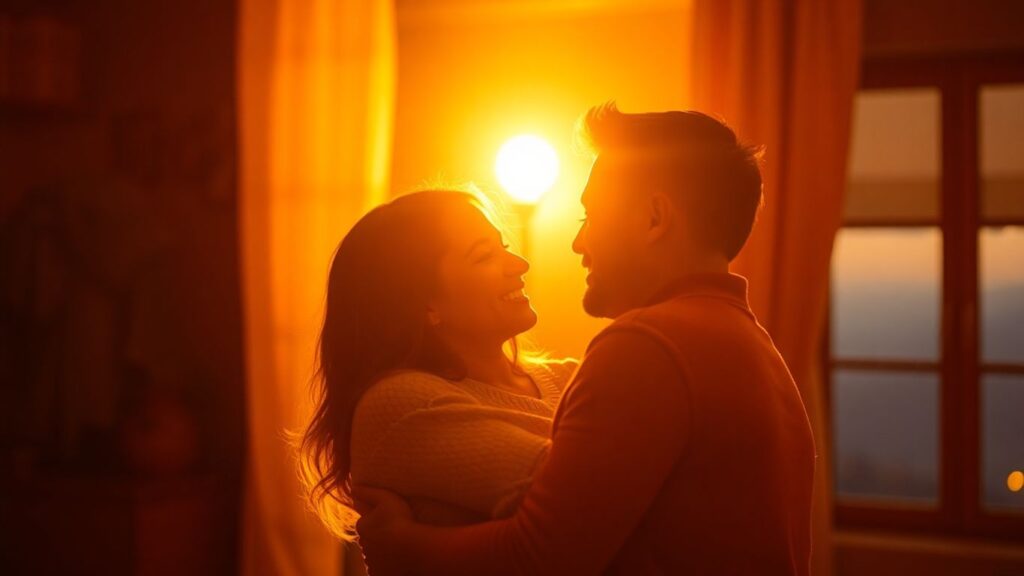 Couple embracing warmly in soft, glowing light.