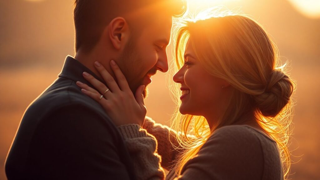 Couple embracing warmly in soft light.