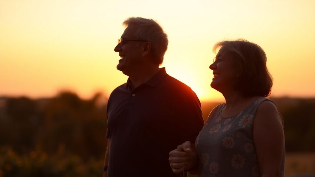 Couple enjoying a sunset, holding hands.