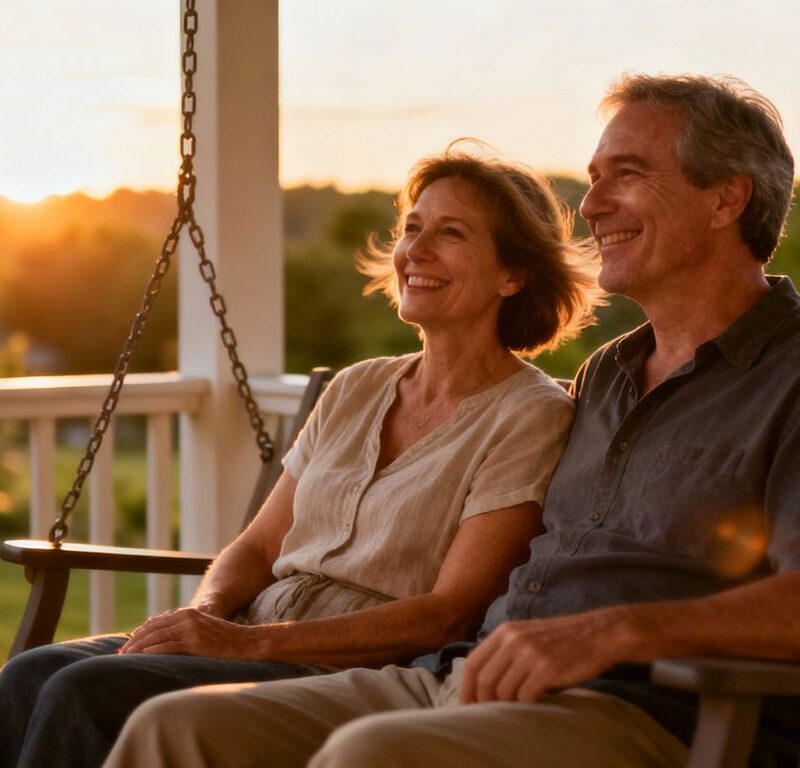 Couple enjoying a sunset on a porch swing.