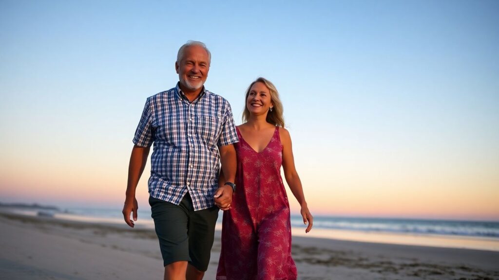 Couple enjoying a sunset walk on the beach.