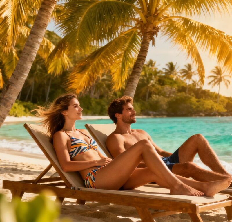Couple enjoying a tropical beach vacation.