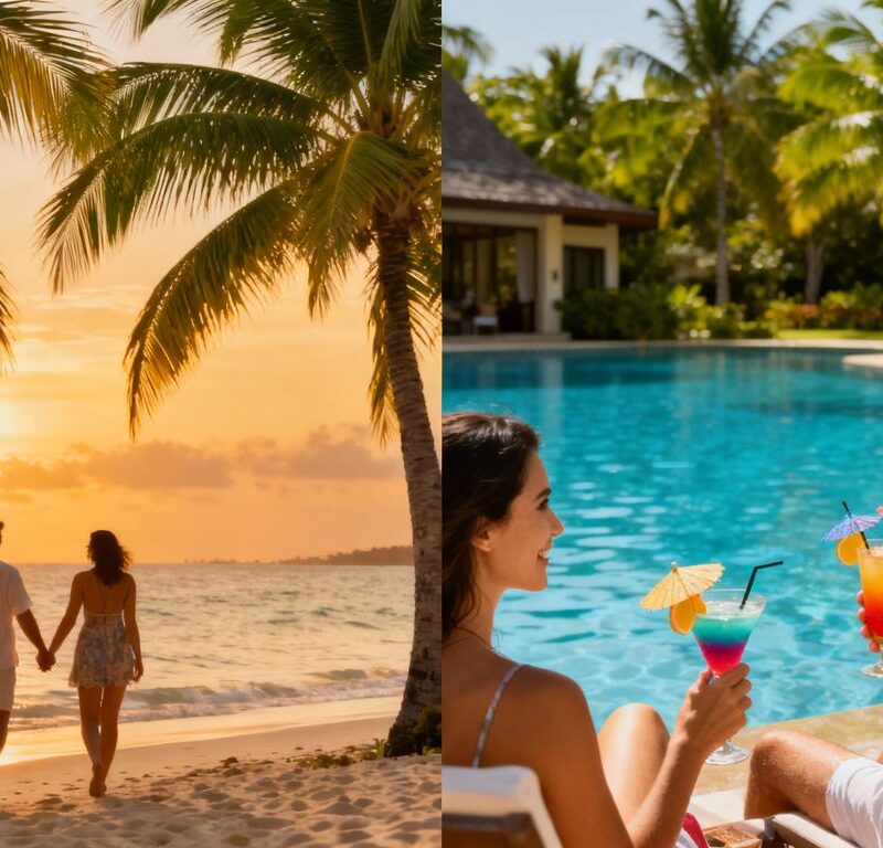Couple enjoying a tropical resort vacation.