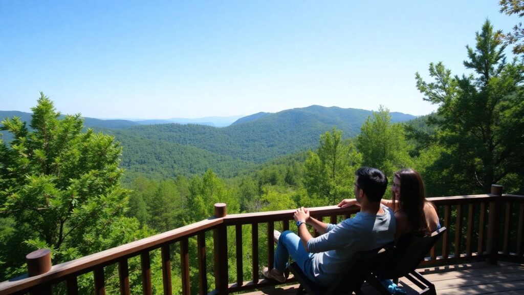 Couple enjoying mountain view from a cozy cabin deck.