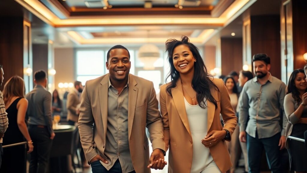 Couple enters inviting lounge with friendly, stylish strangers.