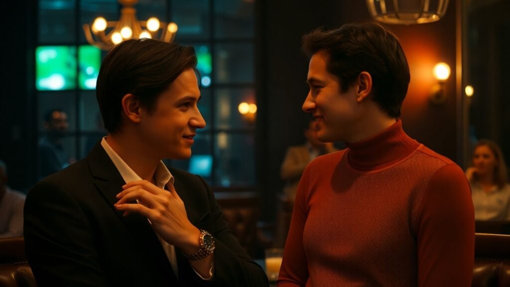 Couple exchanging a knowing glance in a lounge.