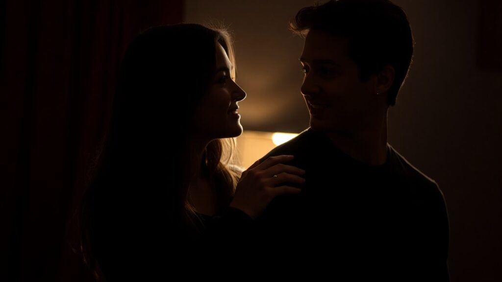 Couple exchanging a subtle, knowing glance.