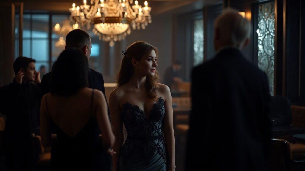 Couple exchanging glances in a sophisticated lounge setting.