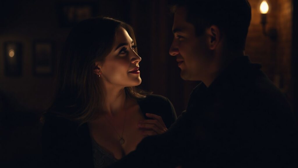 Couple exchanging subtle, intimate signals in a romantic setting.