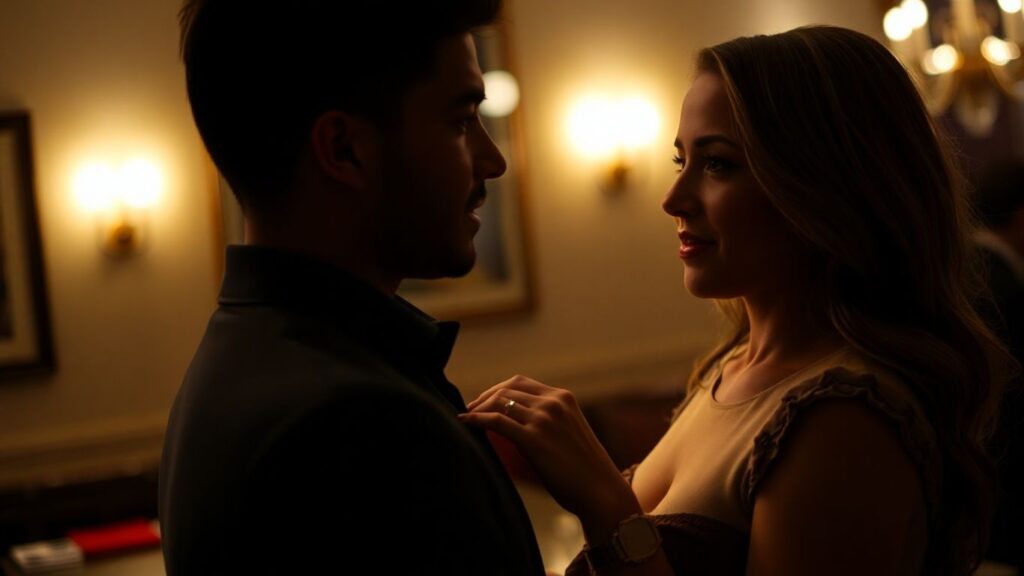 Couple exchanging subtle signals in an intimate setting.