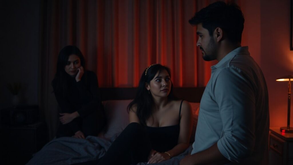 Couple experiencing a masochistic cuckold scene.