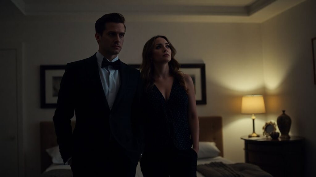 Couple exploring boundaries in a bedroom.