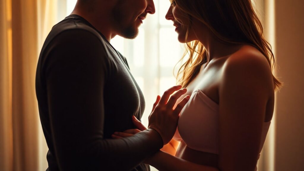 Couple exploring mutual masturbation intimately.