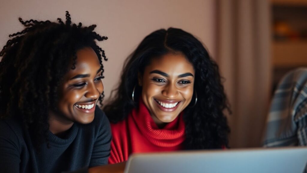 Couple happily looking at a laptop together.
