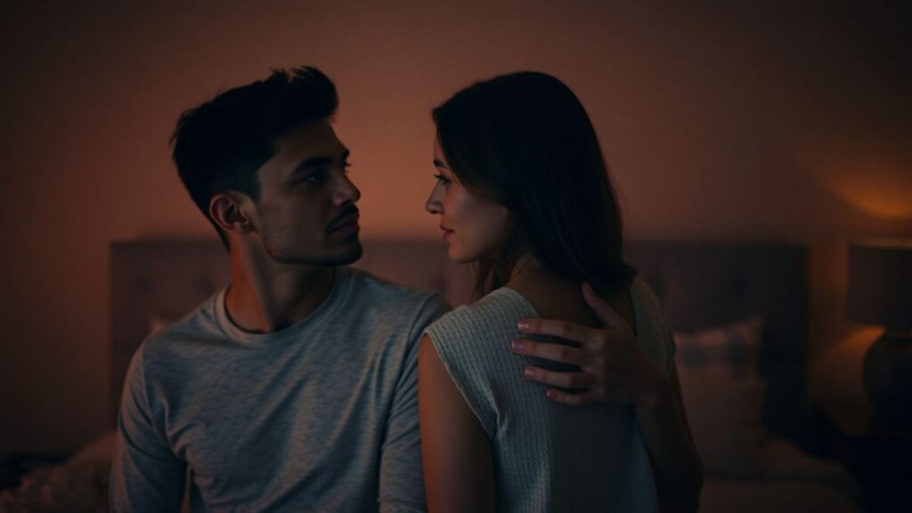 Couple in a bedroom, intimate and safe atmosphere.