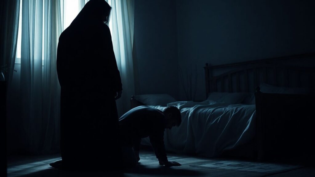 Couple in a dimly lit bedroom, exploring power dynamics.