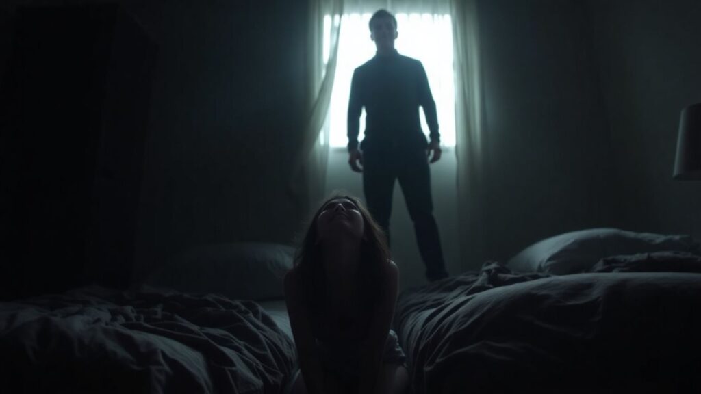 Couple in a dimly lit bedroom, intimate scene.