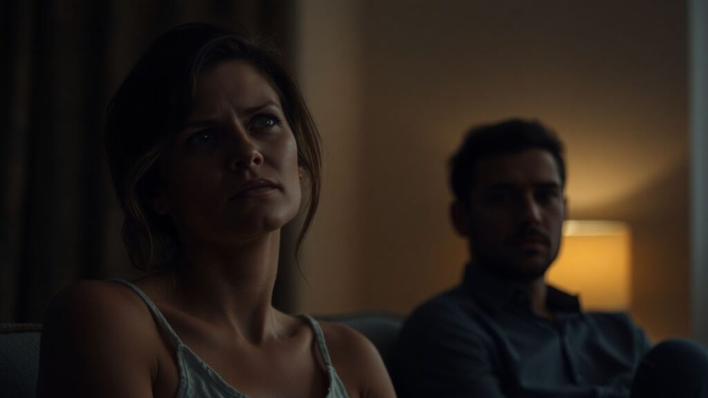 Couple in a dimly lit room, intimate and contemplative mood.