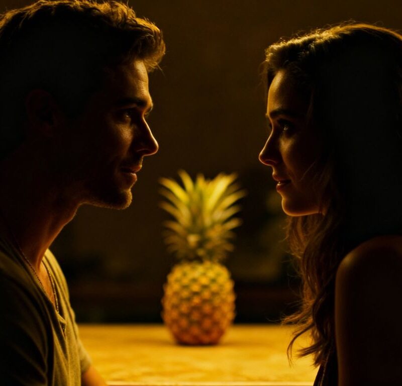 Couple in a dimly lit room with a pineapple.