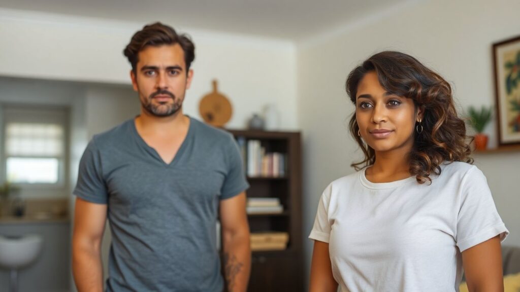 Couple in a domestic setting, partner dynamics.