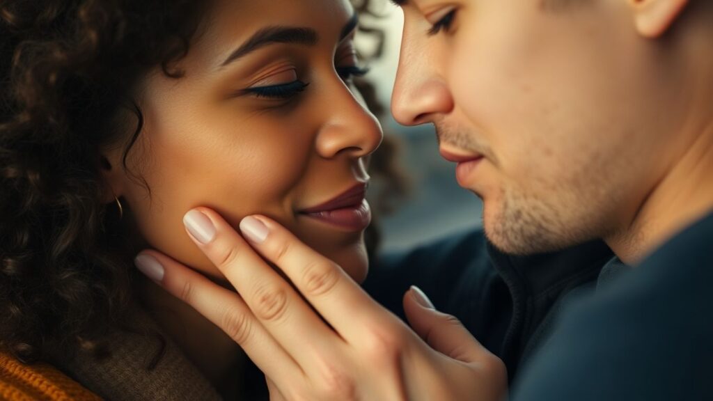 Couple in a tender, intimate embrace, conveying trust.