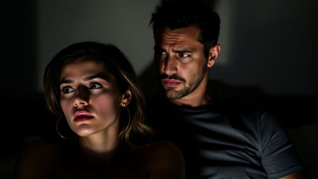 Couple in bedroom, emotional connection