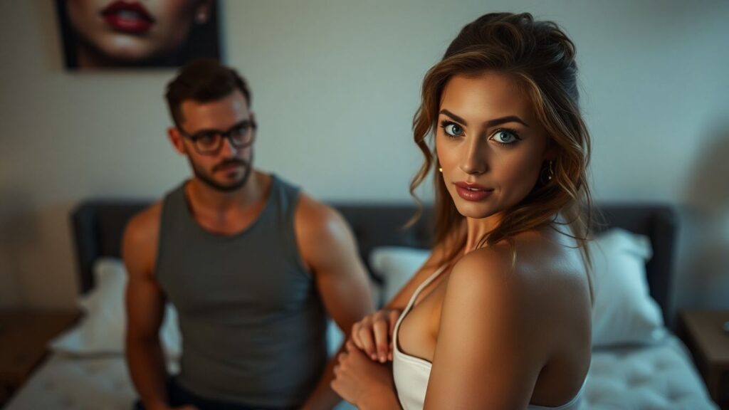 Couple in bedroom, exploring relationship dynamics.