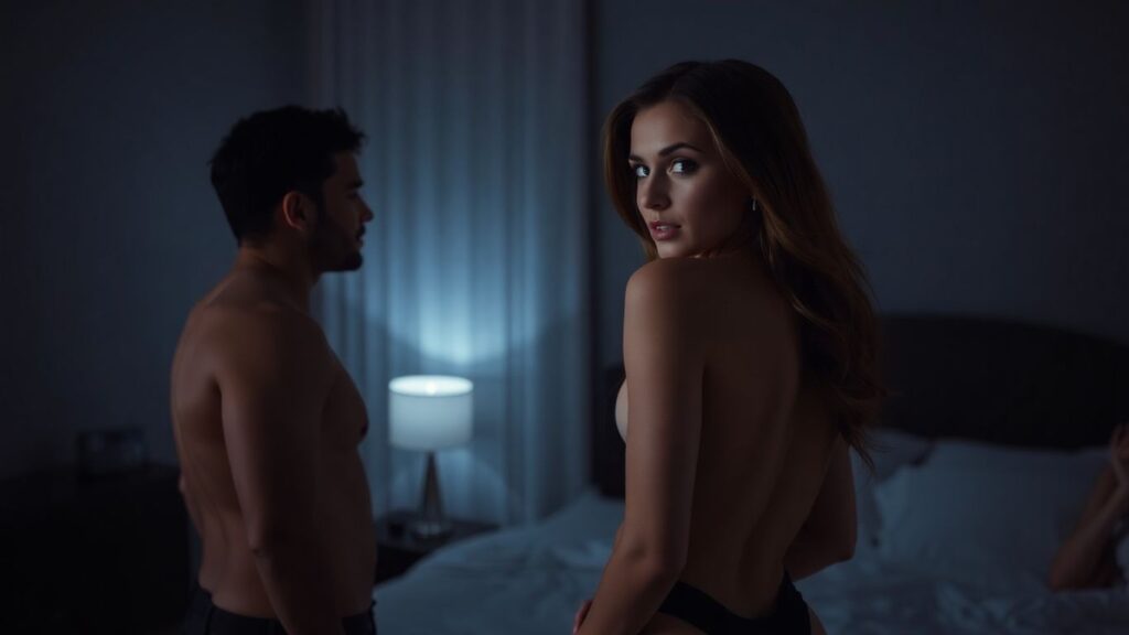 Couple in bedroom, intimate power dynamics.