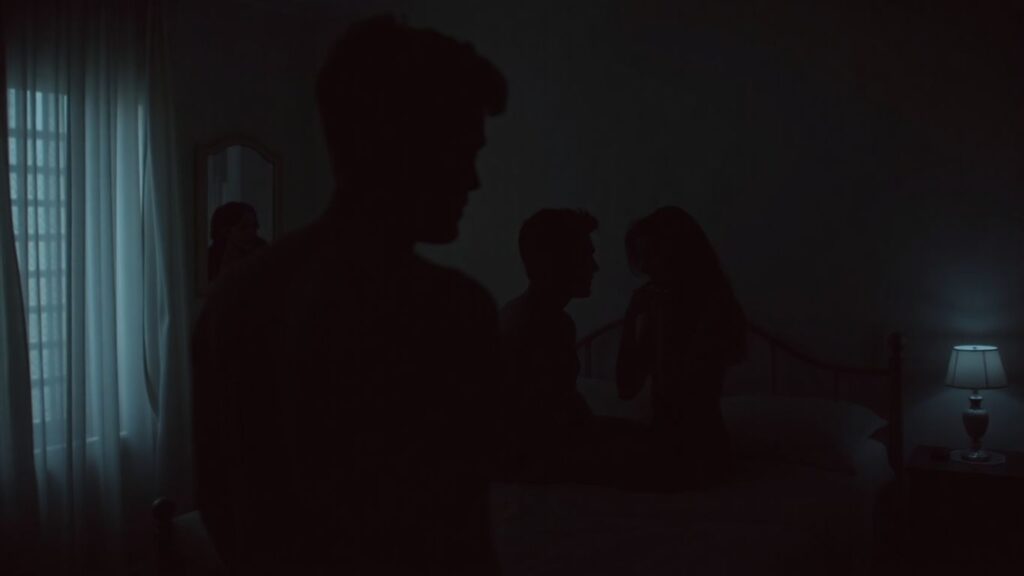 Couple in bedroom, one partner watching another.