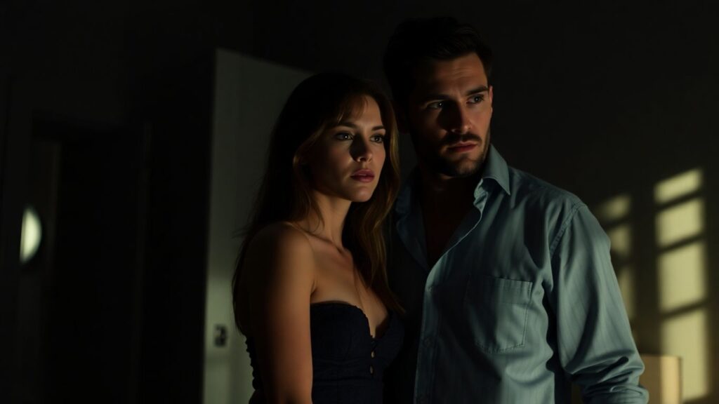 Couple in bedroom, suggestive encounter.