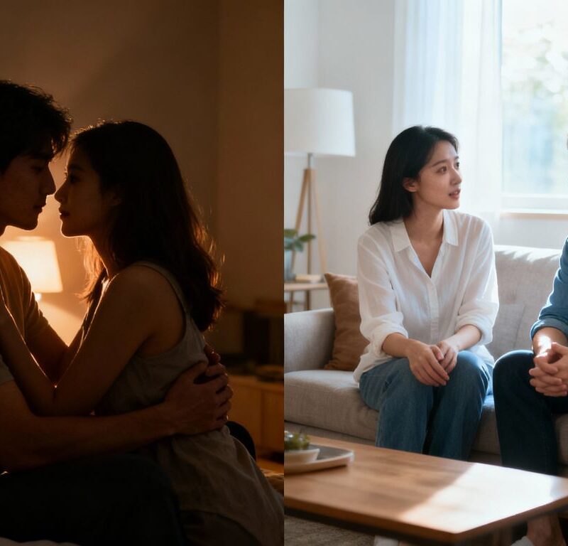 Couple in bedroom versus couple in living room.