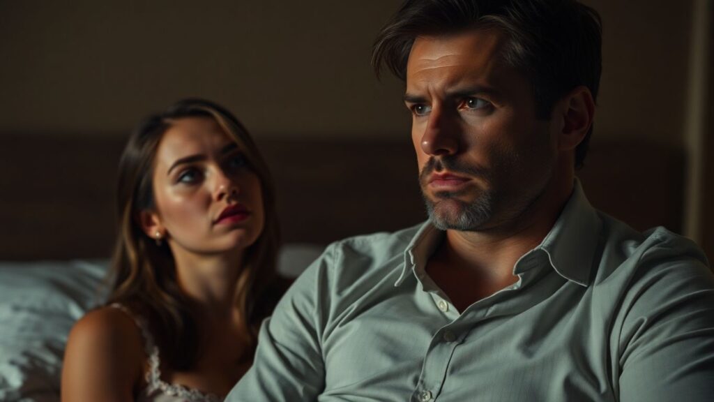 Couple in bedroom with complex emotional dynamic.