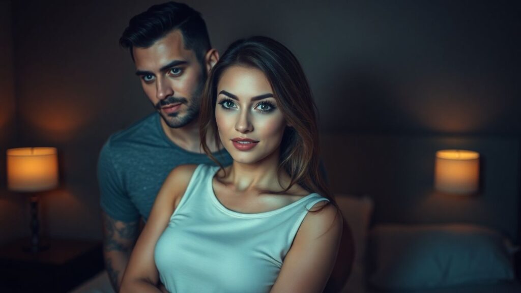 Couple in bedroom, woman confident, man admiring.