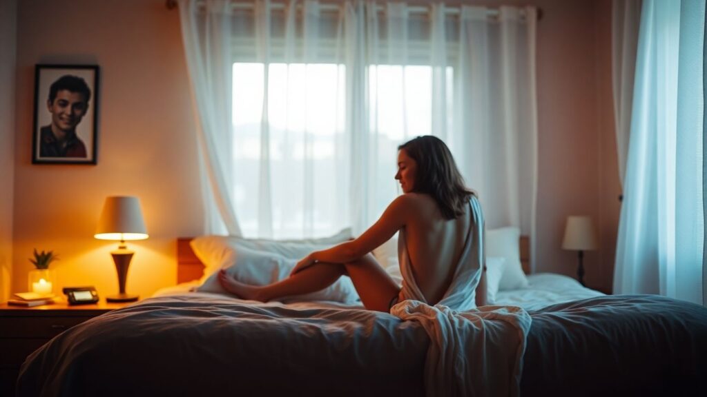 Couple in cozy bedroom with playful fantasy props
