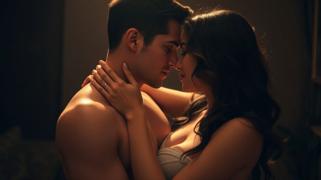 Couple in intimate embrace, exploring sensual connection.