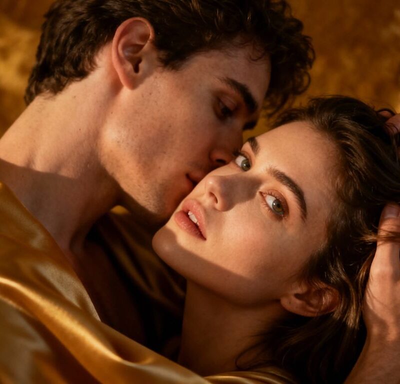 Couple in intimate embrace, suggestive gaze.