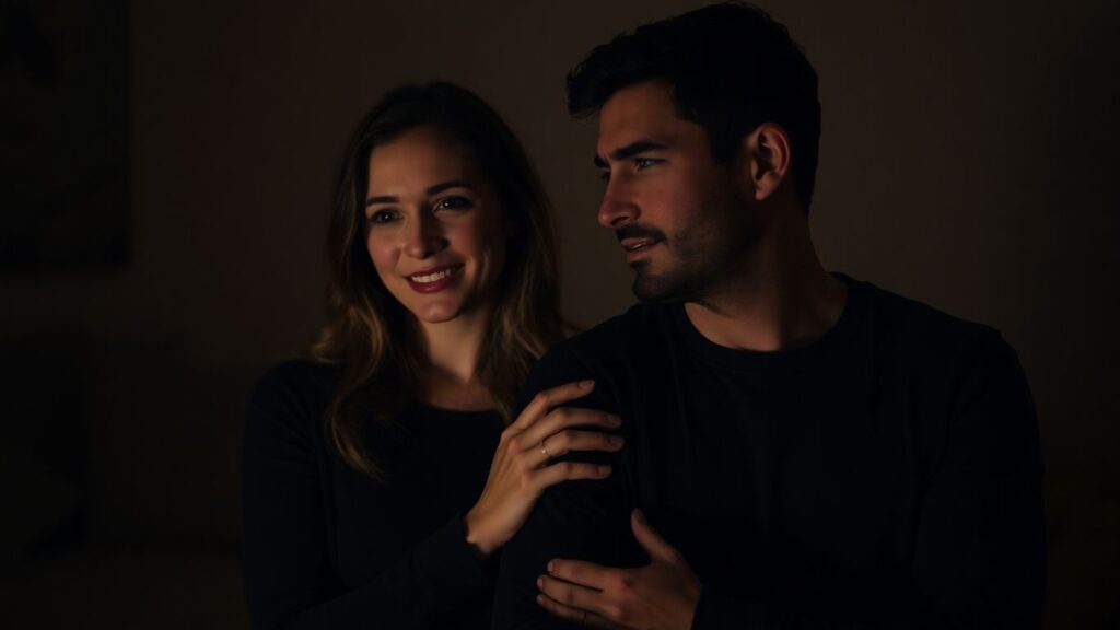 Couple in intimate setting, conveying trust and connection.