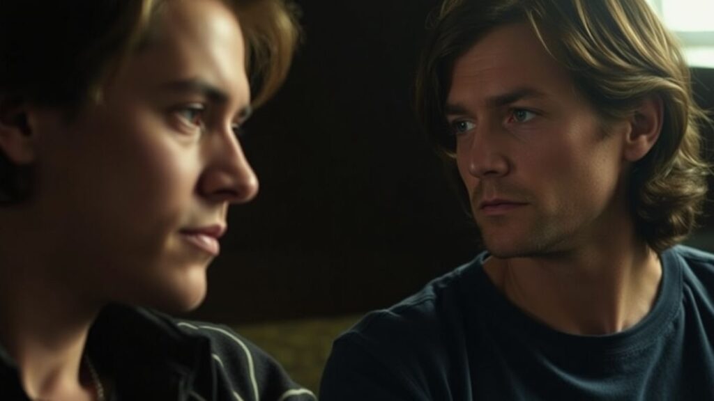 Couple in intimate setting, emotional dynamic.