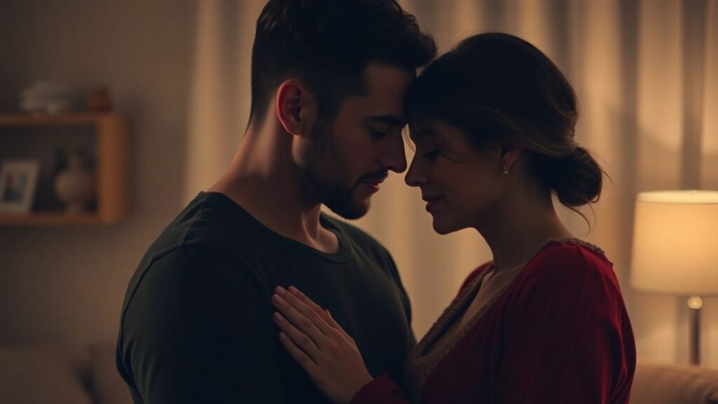 Couple in intimate setting, exploring cuckquean dynamics.