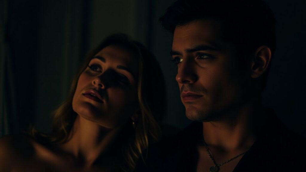 Couple in intimate setting, exploring desires.