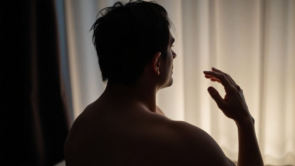 Couple in intimate setting, one partner observing the other.