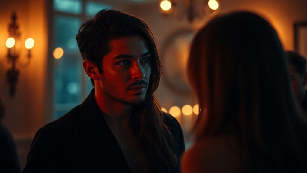 Couple in intimate setting, partner with another person.