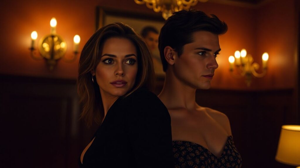 Couple in intimate setting, suggestive power dynamic.