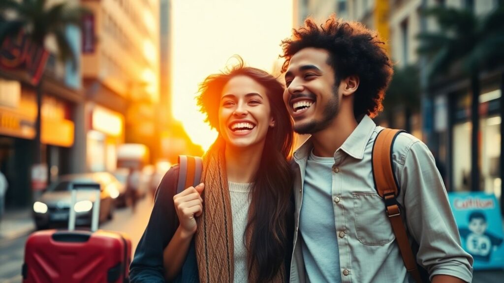 Couple laughing on city street with luggage at sunset.