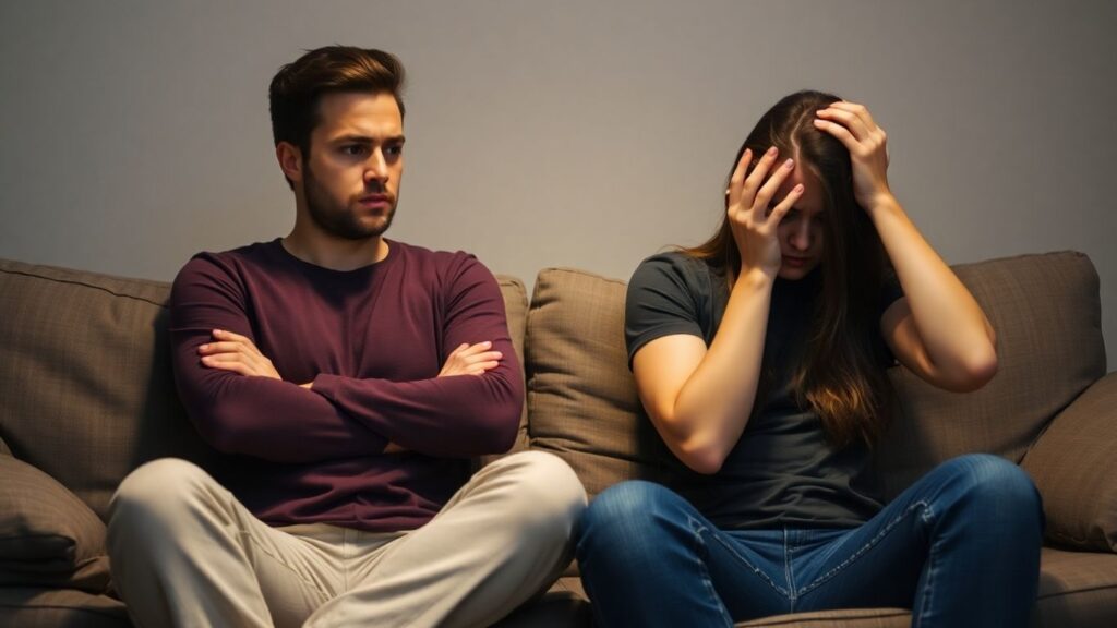 Couple looking frustrated on a couch.