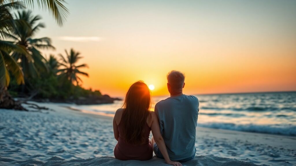 Couple on a secluded Florida beach at sunset.